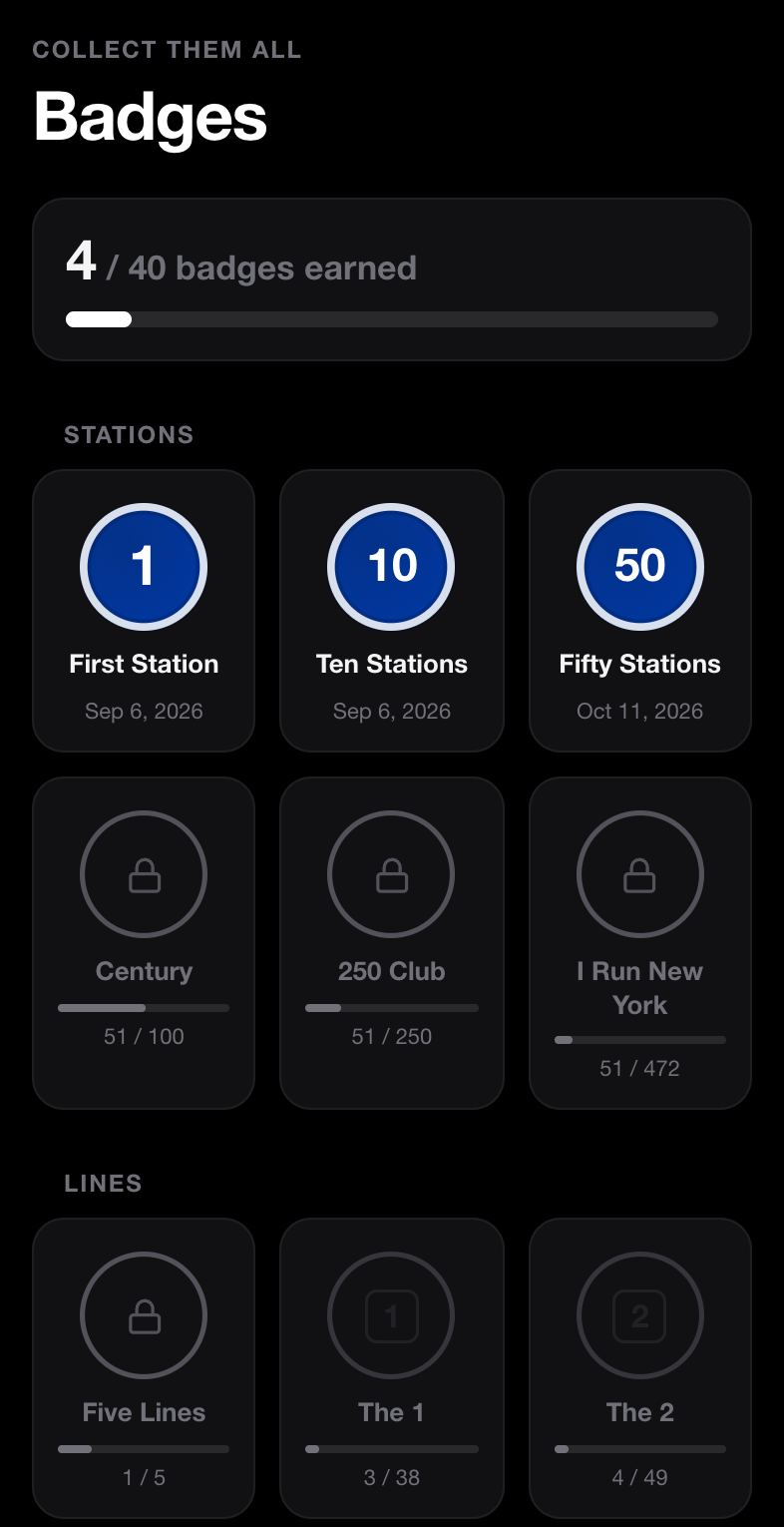 The MetroDex badges screen, with station milestones and a badge for each subway line.