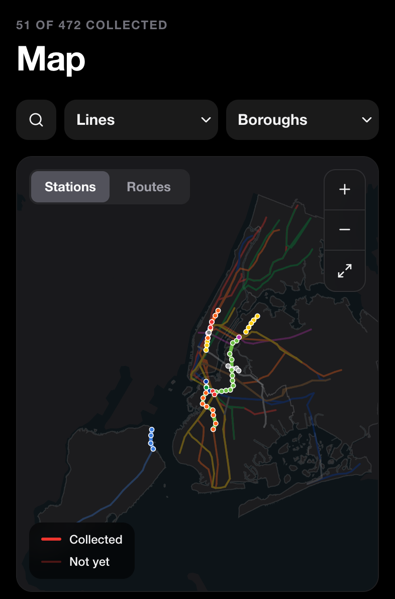 The MetroDex map of New York City with collected stations lit up in their line colors.